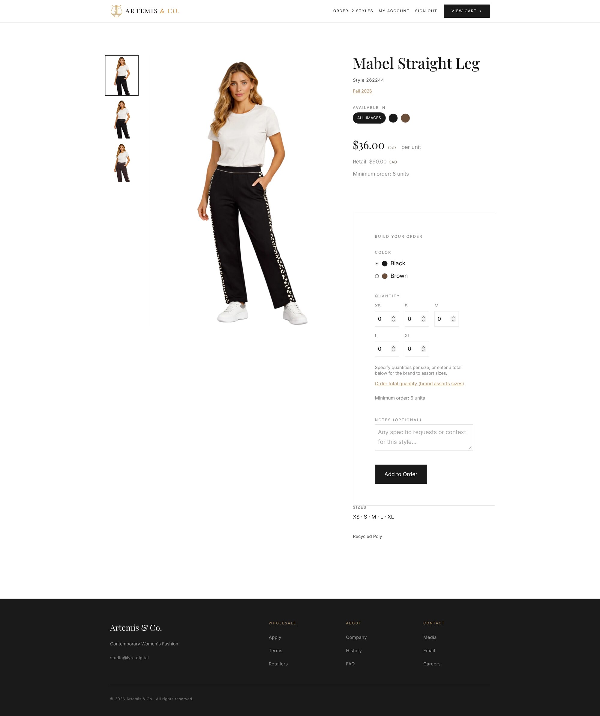 Style detail page showing wholesale pricing, minimum order quantity and available sizes